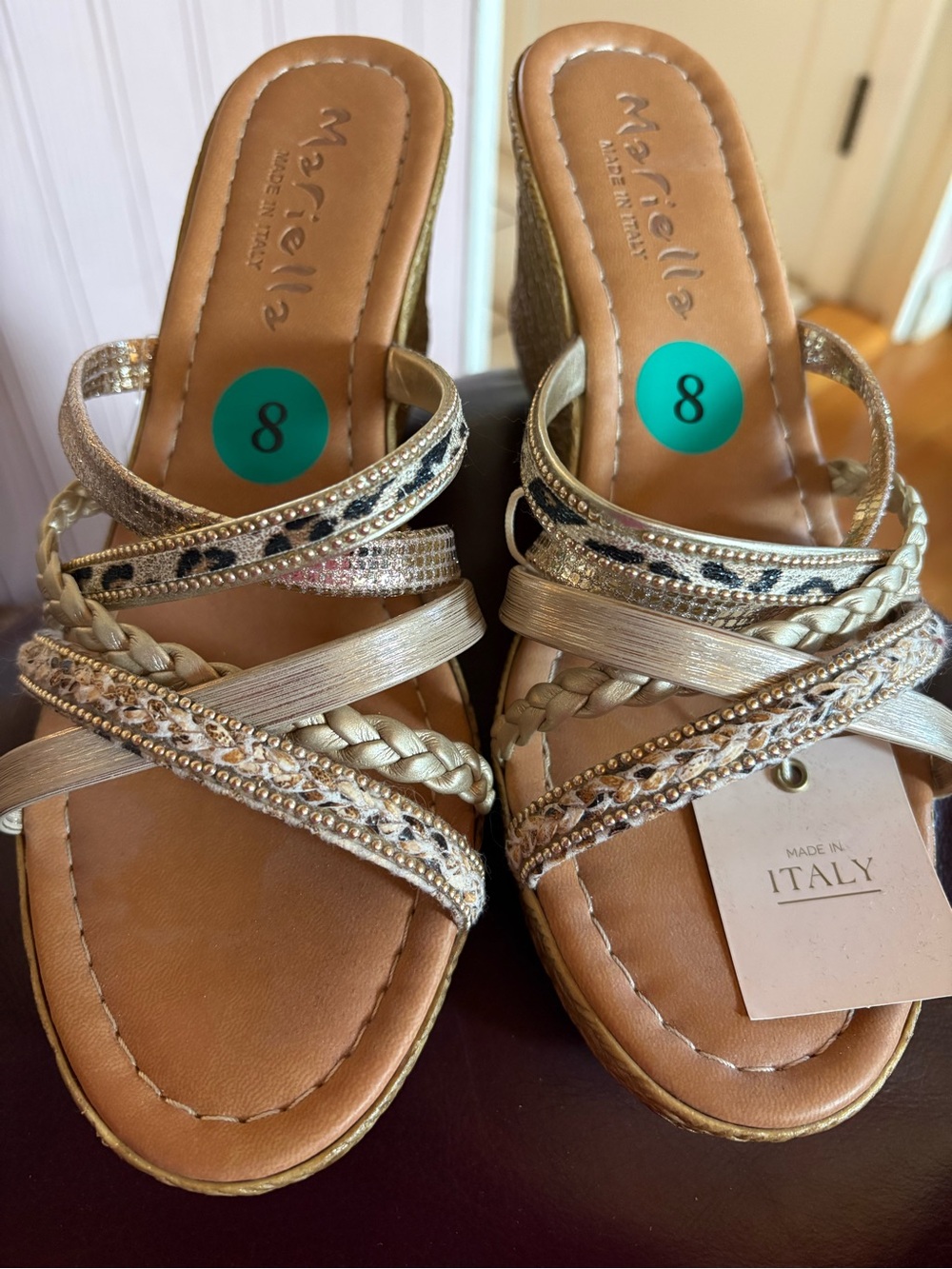 MARELLA Gold Strappy Braided Wedge Mules - Picture 3 of 8